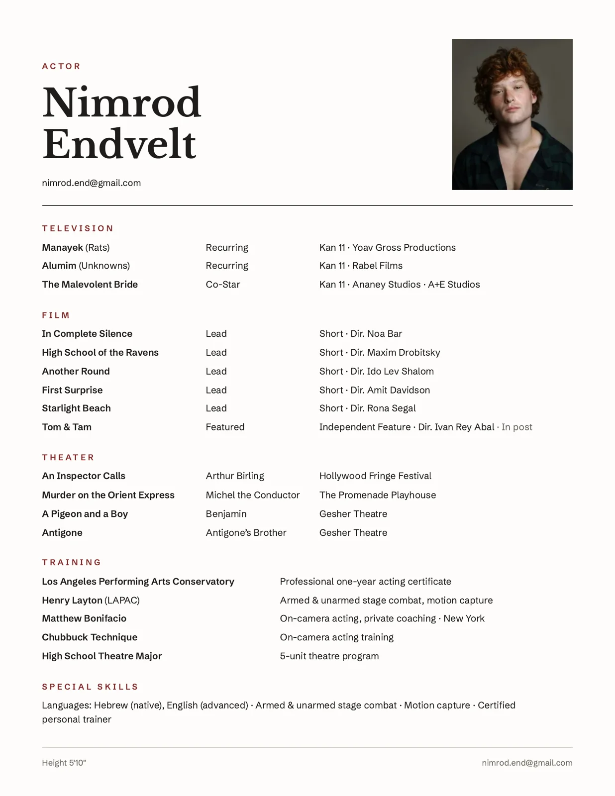 Nimrod Endvelt one-page acting résumé
